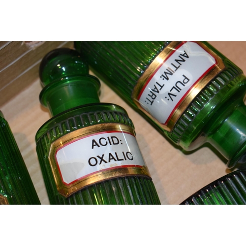 69 - A collection of green glass ribbed poison bottles, suitable for a Chemist / Apothecary, Victorian or... 