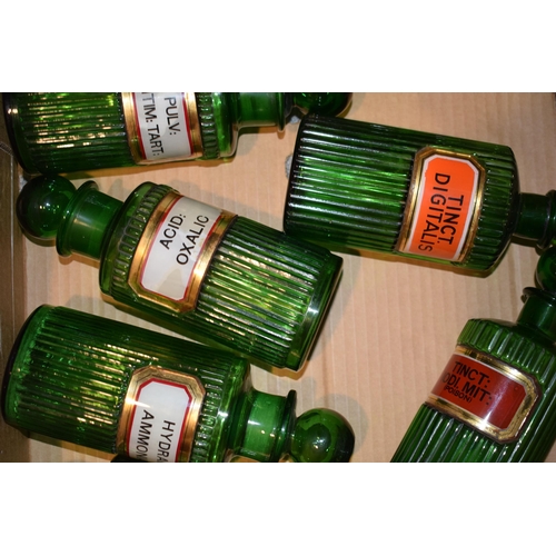 69 - A collection of green glass ribbed poison bottles, suitable for a Chemist / Apothecary, Victorian or... 