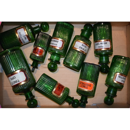 69 - A collection of green glass ribbed poison bottles, suitable for a Chemist / Apothecary, Victorian or... 