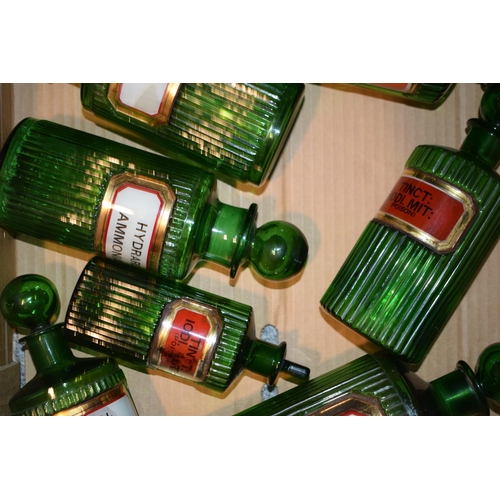 69 - A collection of green glass ribbed poison bottles, suitable for a Chemist / Apothecary, Victorian or... 