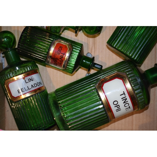 69 - A collection of green glass ribbed poison bottles, suitable for a Chemist / Apothecary, Victorian or... 