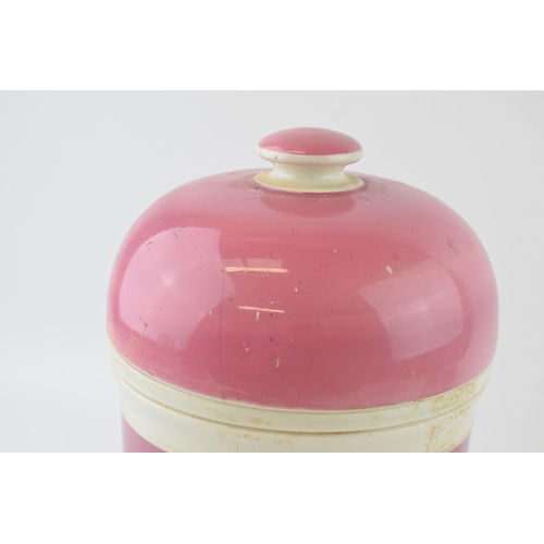 71 - Victorian ceramic apothecary jar, in pink colourway, original gold label 'Manna .FL:O', 27cm tall.