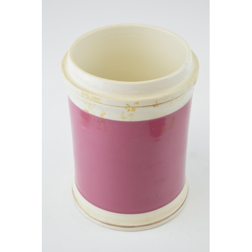 71 - Victorian ceramic apothecary jar, in pink colourway, original gold label 'Manna .FL:O', 27cm tall.