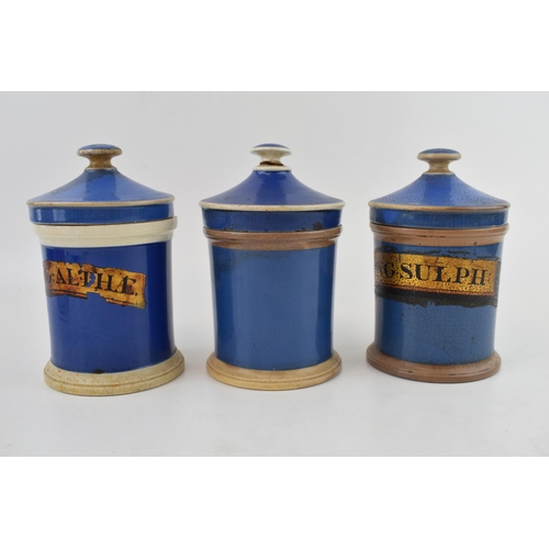 72 - A trio of Victorian ceramic apothecary jars, in blue, to include 'Ung. Sulph', 'Ung. Althae' and one... 