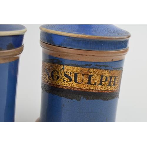 72 - A trio of Victorian ceramic apothecary jars, in blue, to include 'Ung. Sulph', 'Ung. Althae' and one... 