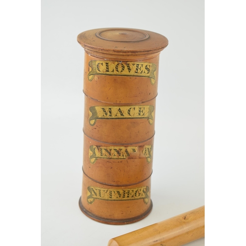 73 - Victorian treen spice tower, 4 bay, to include Cloves, Mace, Nutmegs and Cinnamon, 20.5cm tall, with... 