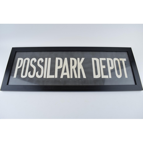 93 - Framed bus blind 'POSSIL PARK DEPOT' Glasgow. c1960s. 62cm x 20cm.