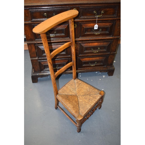 35A - Antique French Prie Dieu Prayer Chair With Woven Rush Seat. Height 91cm.