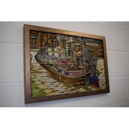 165 - Cobridge Stoneware (sister company of Moorcroft) large framed plaque of a potteries canal scene, wit... 