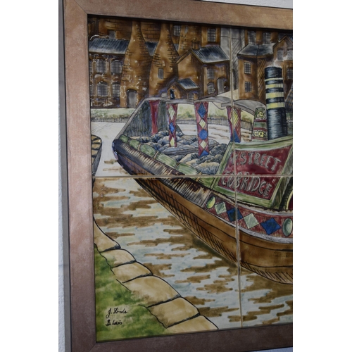 165 - Cobridge Stoneware (sister company of Moorcroft) large framed plaque of a potteries canal scene, wit... 