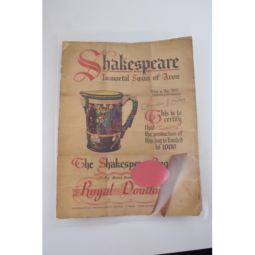 174 - Royal Doulton large embossed jug 'The Shakespeare Jug', no. 388/1000, with original certificate, 27c... 