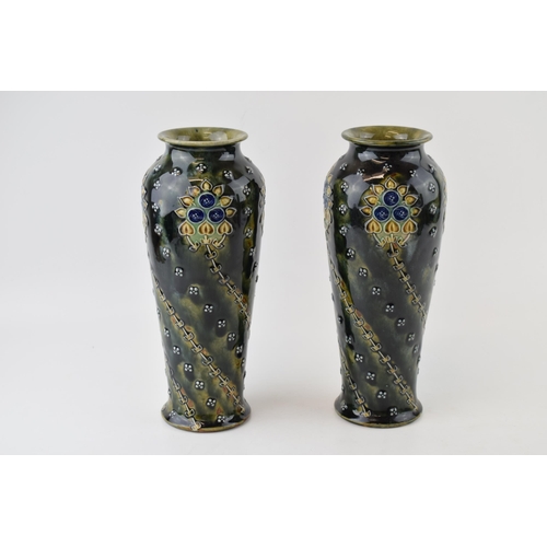 176 - Royal Doulton pair of Art Nouveau vases, tubelined, stylized floral decoration, 25.5cm tall, artists... 