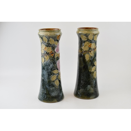 177 - Royal Doulton stonewarea Art Nouveau pair of vases with pink and floral decoration, 'LP' for Lily Pa... 