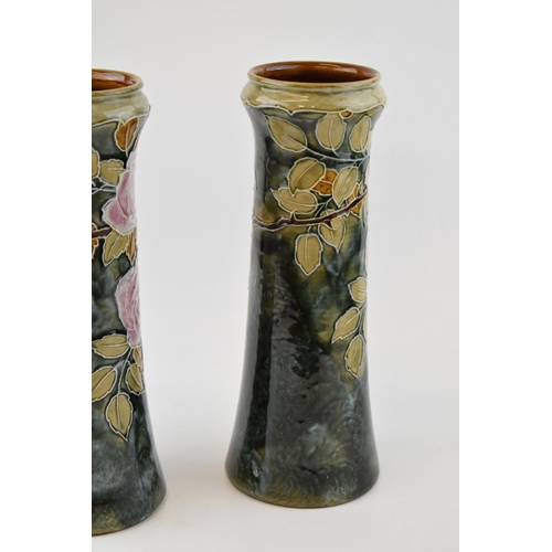 177 - Royal Doulton stonewarea Art Nouveau pair of vases with pink and floral decoration, 'LP' for Lily Pa... 