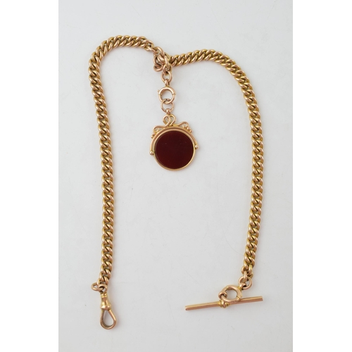 214 - 9ct gold double Albert pocket watch chain, with bloodstone / carnelian for, hallmarked t-bar, every ... 