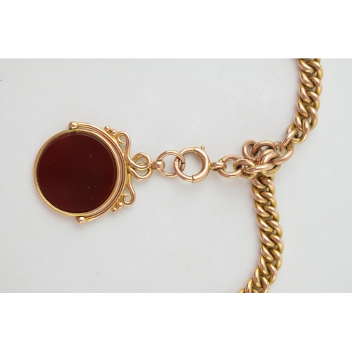 214 - 9ct gold double Albert pocket watch chain, with bloodstone / carnelian for, hallmarked t-bar, every ... 