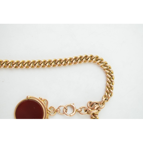 214 - 9ct gold double Albert pocket watch chain, with bloodstone / carnelian for, hallmarked t-bar, every ... 