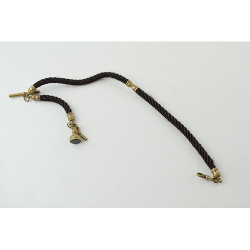 215 - Early Victorian mourning albert watch chain made with finely plaited hair and metal mounts, with wat... 