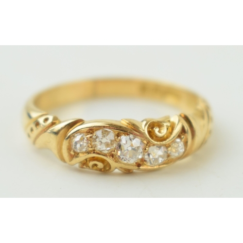 230 - Antique 18ct gold ring, ornate set diamond, 5 stones combined circa 0.13 carat, ornate shoulders, si... 