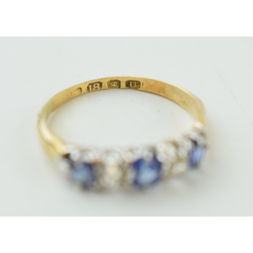 249 - 18ct yellow gold Sapphire and Diamond ring. Hallmarked London 1915. Ring size 'M'. Weight 2.3 grams.