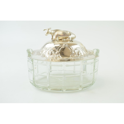 259 - Victorian silver and glass butterdish, with cow finial, Sheffield 1859, Hawkesworth Eyre & Co, 15cm ... 