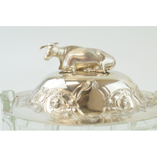 259 - Victorian silver and glass butterdish, with cow finial, Sheffield 1859, Hawkesworth Eyre & Co, 15cm ... 