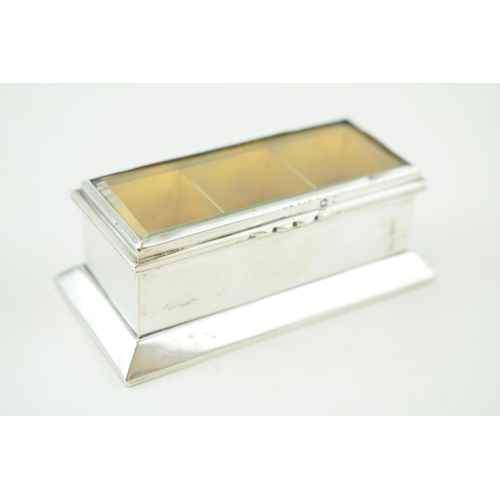 262 - Silver triple stamp holder, in the form of a casket / coffin, bevel edged glass, Birmingham 1898, sp... 