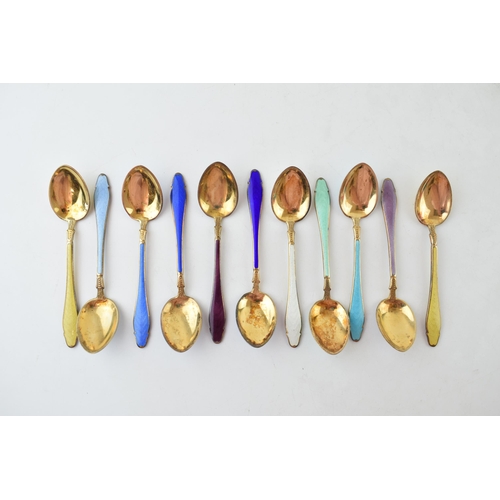 265 - Hestenes Norwegian silver gilt and enamel teaspoons, sterling silver, stamped to front and back, wit... 