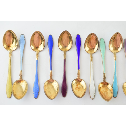 265 - Hestenes Norwegian silver gilt and enamel teaspoons, sterling silver, stamped to front and back, wit... 