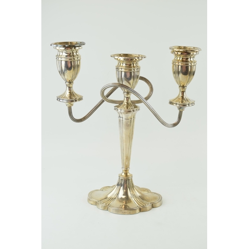 273 - Hallmarked silver three-sconce candelabra, weighted base, 32cm tall, Birmingham 1977, gross 1575.8g.