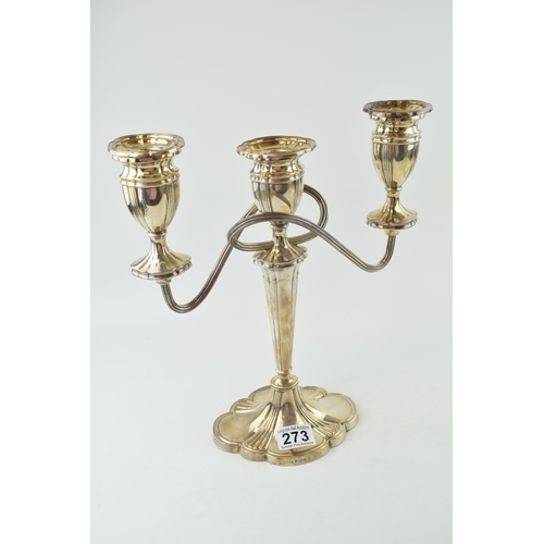 273 - Hallmarked silver three-sconce candelabra, weighted base, 32cm tall, Birmingham 1977, gross 1575.8g.