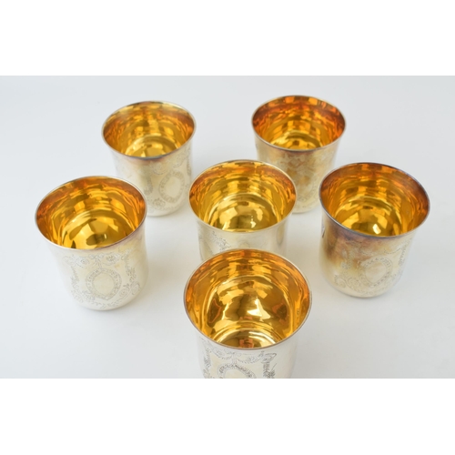 277 - A set of six hallmarked silver goblets, gilt wash interior, engraved decoration, Royal Irish Silver ... 