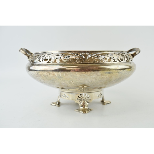 284 - Hallmarked silver pedestal bowl, twin-handled, pierced decoration, raised on 4 feet, Walker and Hall... 