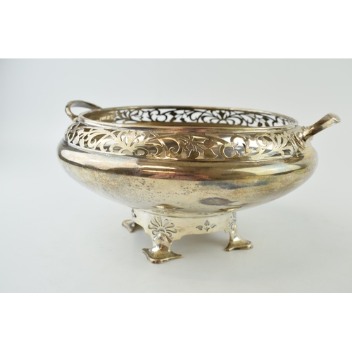 284 - Hallmarked silver pedestal bowl, twin-handled, pierced decoration, raised on 4 feet, Walker and Hall... 