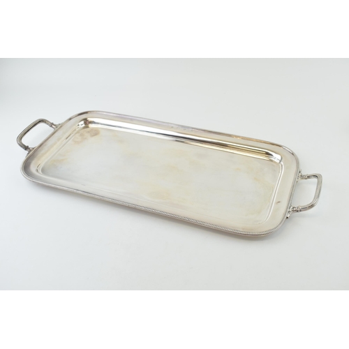 286 - Hallmarked silver rectangular tray with two handles, textured edges, foliate scroll handle, Chester ... 