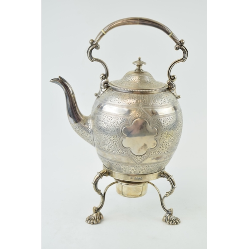 288 - Victorian silver spirit kettle with stand, raised on three scallop feet, ivory space heaters, vacant... 