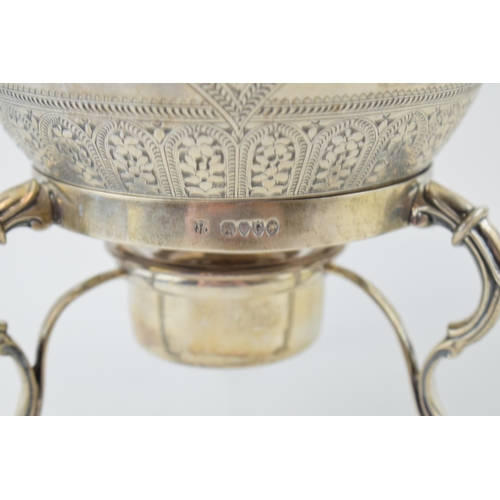 288 - Victorian silver spirit kettle with stand, raised on three scallop feet, ivory space heaters, vacant... 