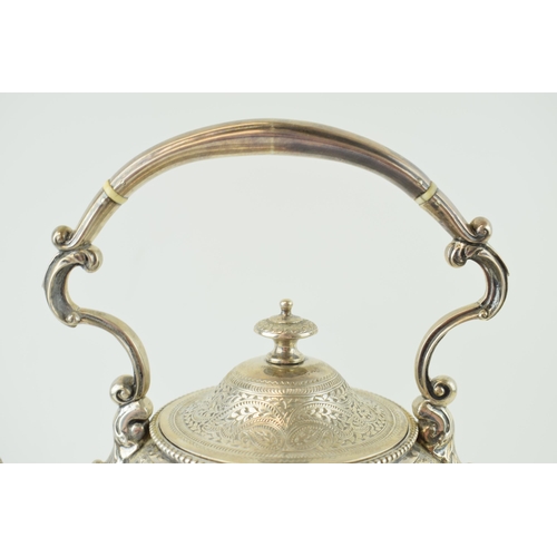 288 - Victorian silver spirit kettle with stand, raised on three scallop feet, ivory space heaters, vacant... 