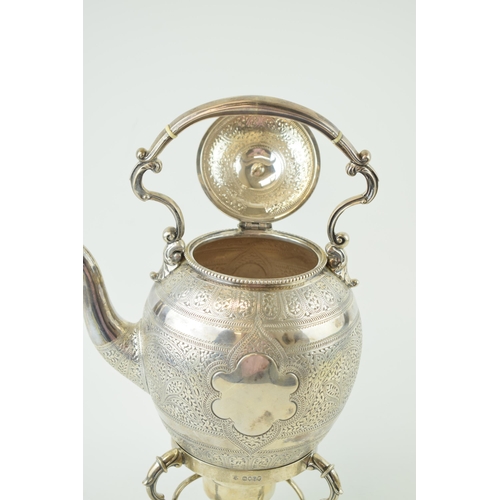 288 - Victorian silver spirit kettle with stand, raised on three scallop feet, ivory space heaters, vacant... 