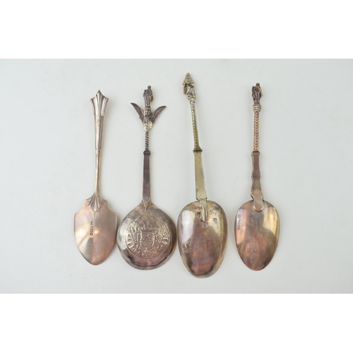 294 - Four silver spoons to include two continental examples with ornate finials, one with import marks, a... 