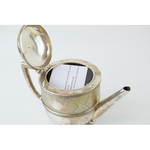 295 - Victorian silver teapot, ivory space heaters, engraved decoration, London 1883, 410.0g. Ivory submis... 