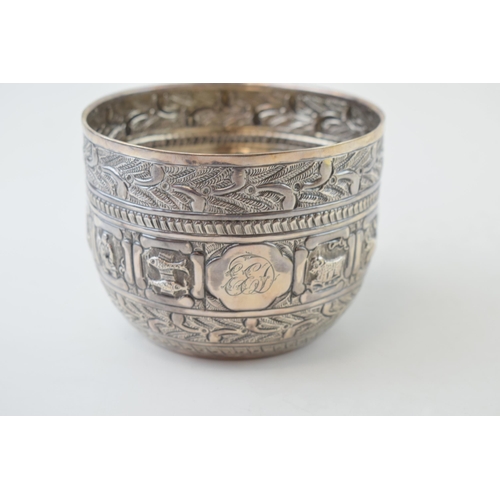 304 - Victorian silver ornate bowl, with repousse decoration, with ten differing animals / motifs amongst ... 