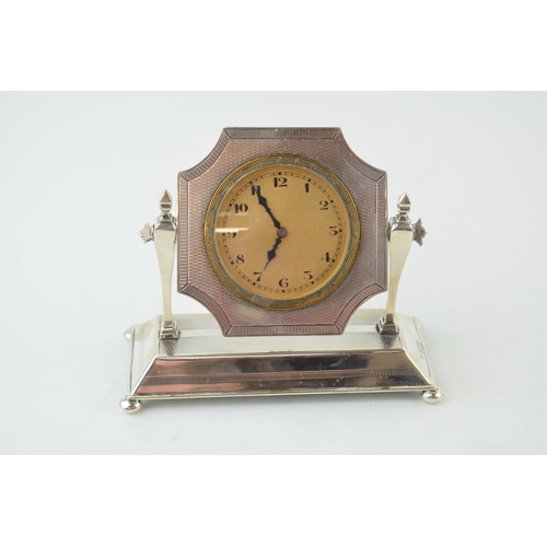 306 - Silver Art Deco mantle clock, Chester 1928, 12cm wide, on 4 bun feet, Swiss movement, non working, e... 