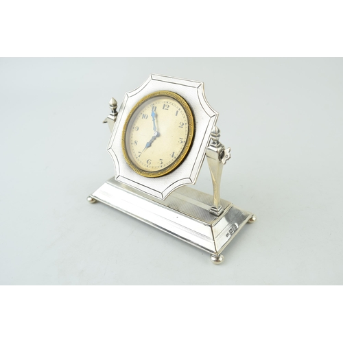 306 - Silver Art Deco mantle clock, Chester 1928, 12cm wide, on 4 bun feet, Swiss movement, non working, e... 