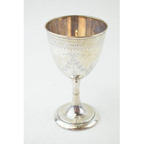 315 - Victorian silver goblet, floral engraving with bright-cut design, Sheffield 1879, 15.5cm tall, Atkin... 