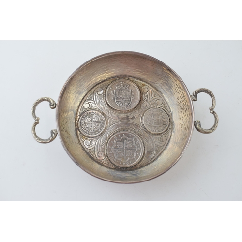 316 - Silver 916 two handled dish made with coins of varying denominations to base of the bowl, Spanish,  ... 