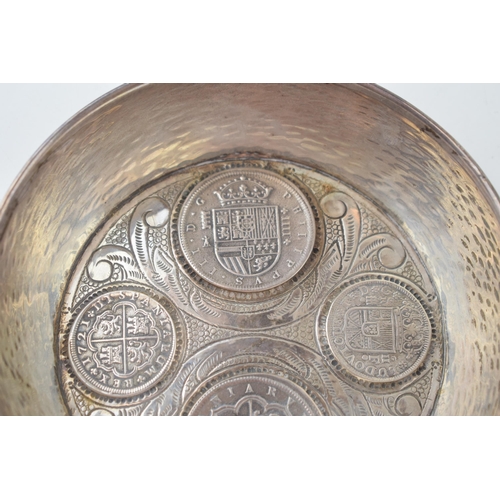 316 - Silver 916 two handled dish made with coins of varying denominations to base of the bowl, Spanish,  ... 