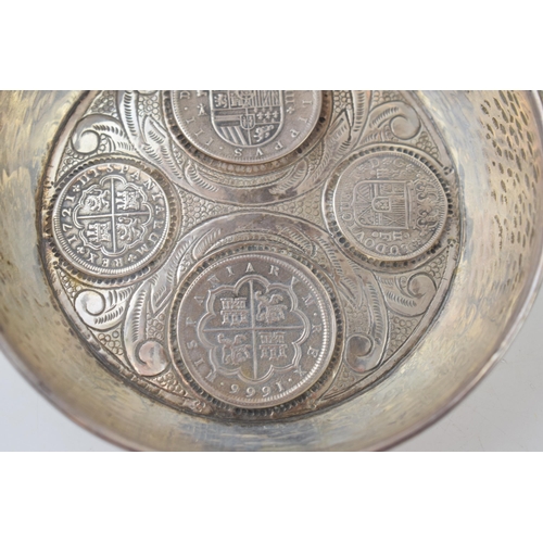 316 - Silver 916 two handled dish made with coins of varying denominations to base of the bowl, Spanish,  ... 