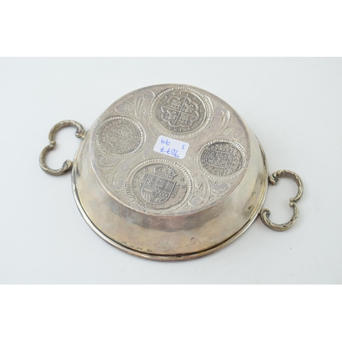 316 - Silver 916 two handled dish made with coins of varying denominations to base of the bowl, Spanish,  ... 