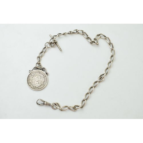 339 - Silver Albert chain with T bar, 'Suid Afrik 1896' mounted coin and Lobster claw clasp. Length 40cm. ... 